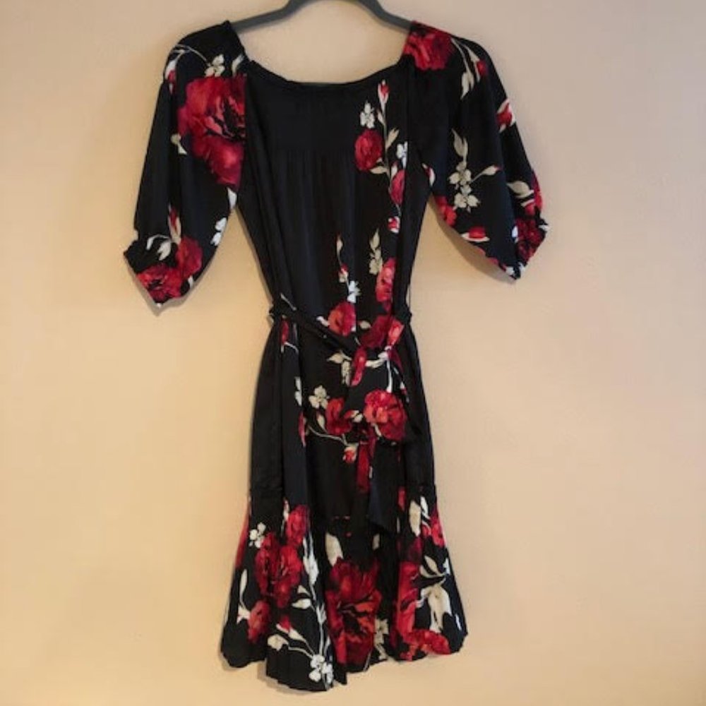 Black Silk Dress with Floral Design